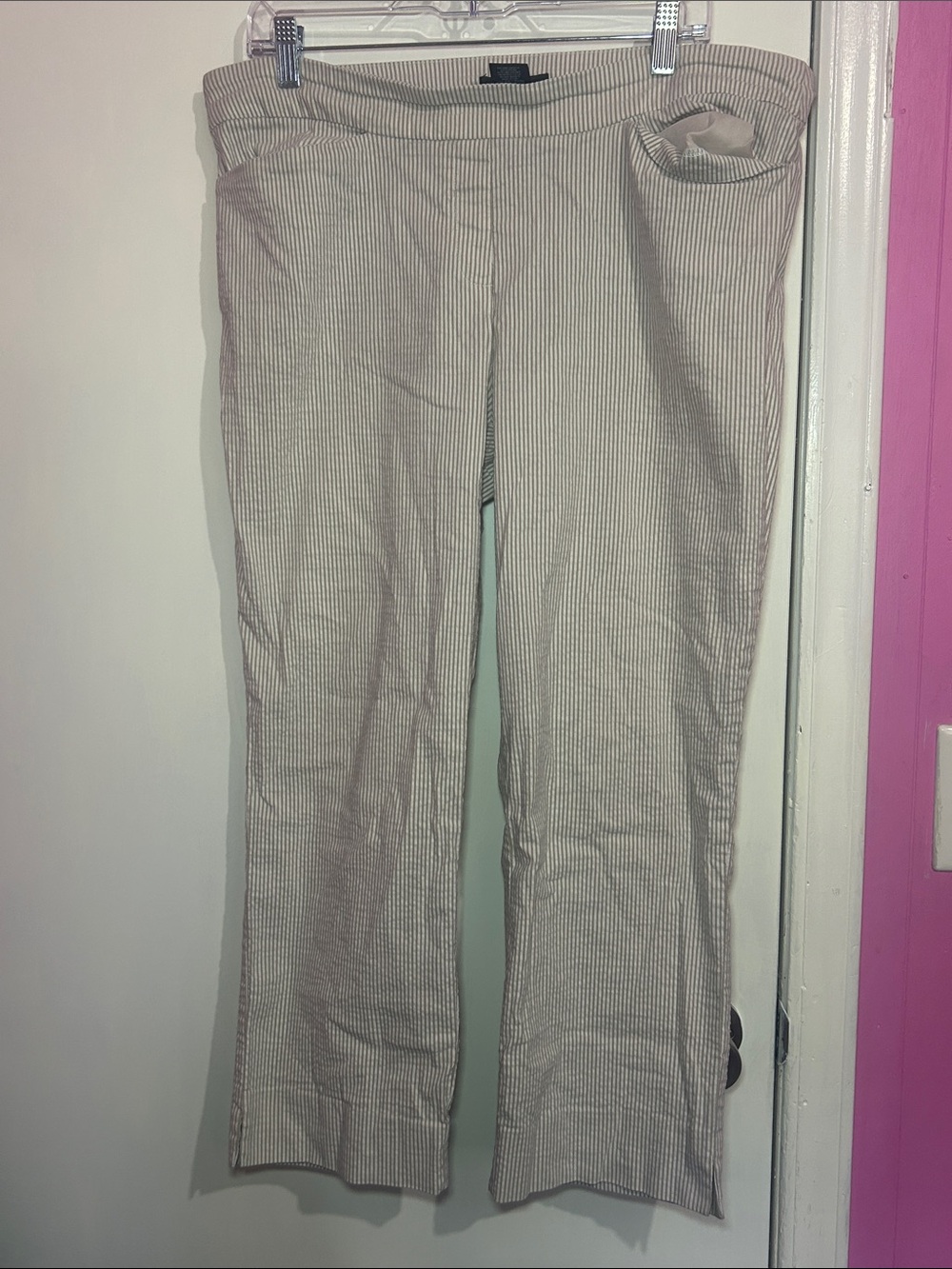 Hilary Radley Beige Pinstriped Boot-Cut Pull-On Pants